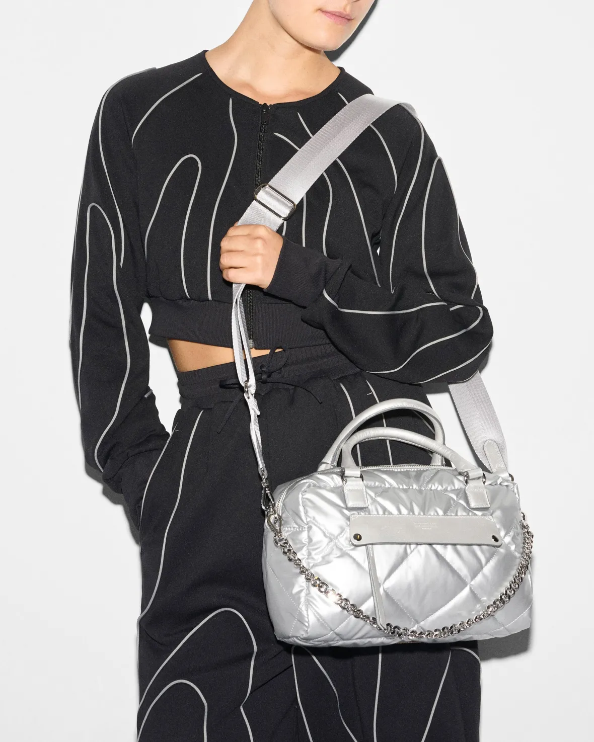 Madison|Shoulders<MZ Wallace Quilted Madison Satchel MatteSilver