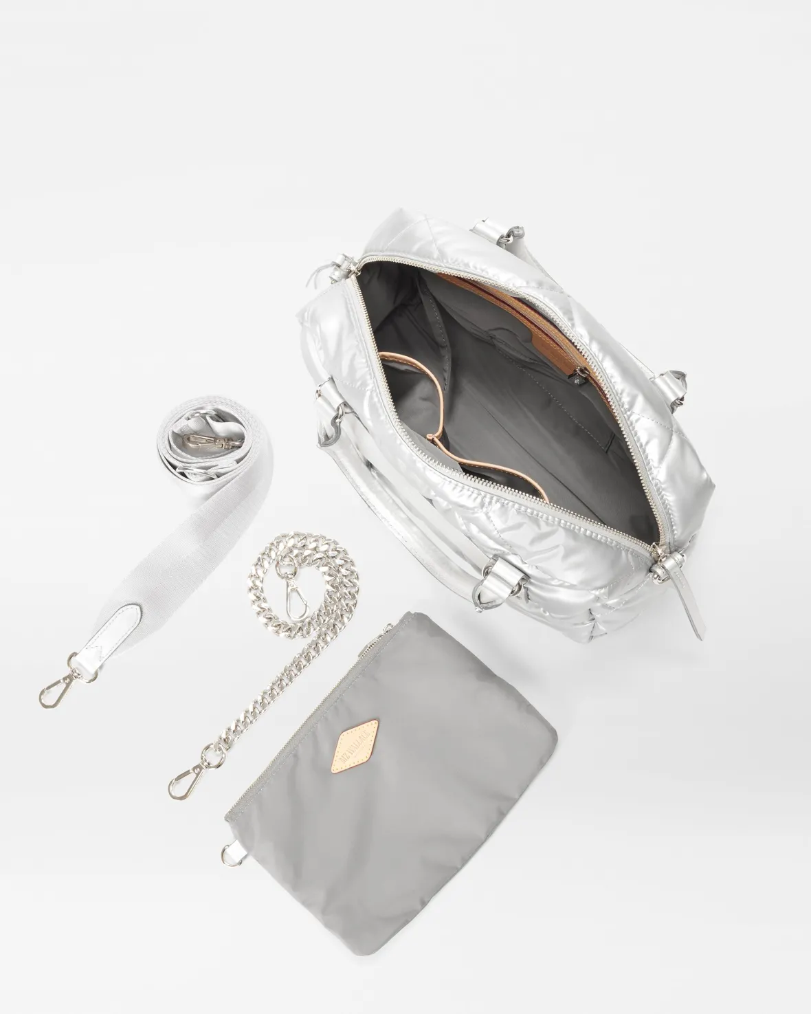 Madison|Shoulders<MZ Wallace Quilted Madison Satchel MatteSilver